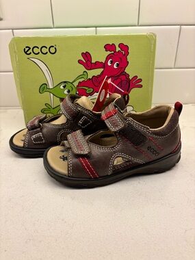 Ecco Kids Brown and Red Leather Hook-and-Loop Sandals 9.5